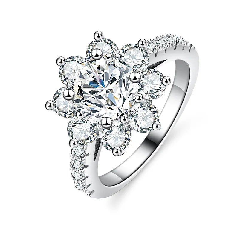 Women's PT950 Platinum Ring - Sunflower Design with 2 Carat Moissanite Gemstone, Elegant and Sparkling Jewelry Piece