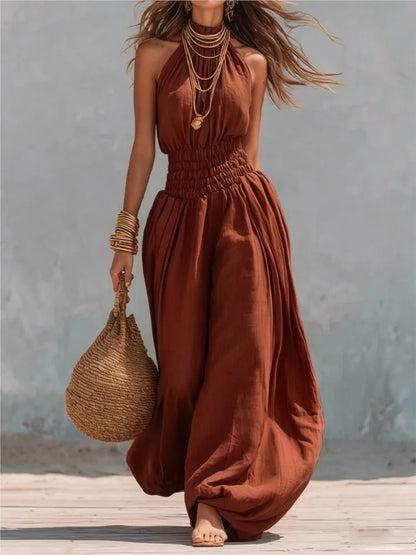 Summer Sexy Halter Sleeveless Pleated Jumpsuit Women Fashion Solid Elastic Waisted Wide Leg Jumpsuit Casual Loose Rompers Street