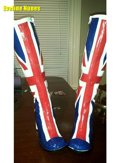 Blue Buffalo Platform Fashion Boots Round Toe Chunky Heels Zipper Closure National Flag Pattern Street Style Lady Knee High Boot