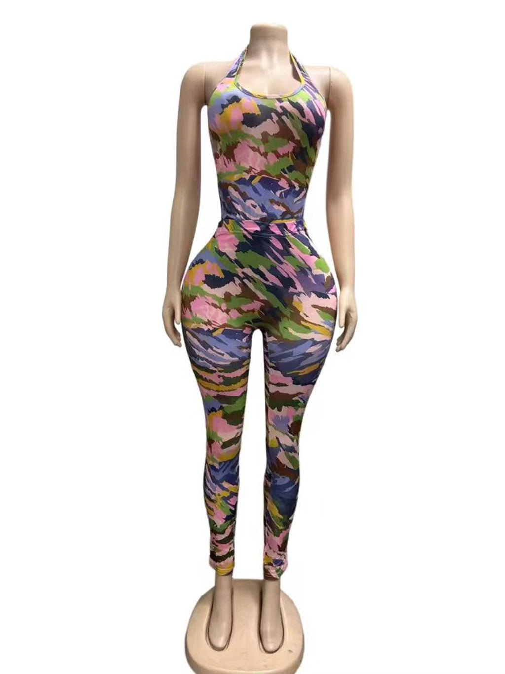 STYLISH LADY Colorful Camo Print 2 Piece Outfit Women Halter Sleeveless Bodysuit High Waist Skinny Pants Street Matching Sets
