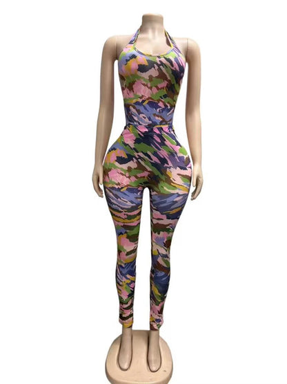STYLISH LADY Colorful Camo Print 2 Piece Outfit Women Halter Sleeveless Bodysuit High Waist Skinny Pants Street Matching Sets