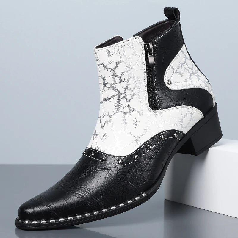 QRLQRL Men Black White Two‑Tone Western Ankle Boots Cracked Leather Panel Side Zipper Pointed Toe Cuban Heel Boots