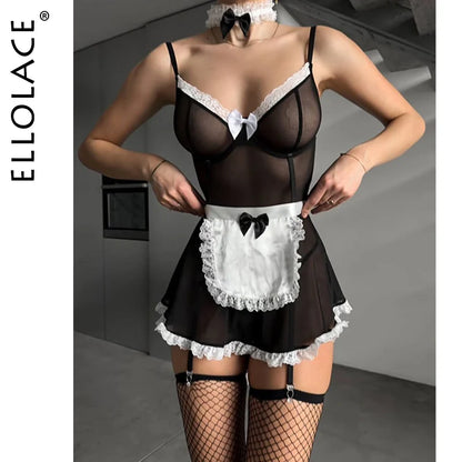 Ellolace Cosplay Women's Lingerie Sets Maid Sexy Mini Dress 6PC Cute Bowknot Women's Casual Dresses Intimate Masquerade Costume
