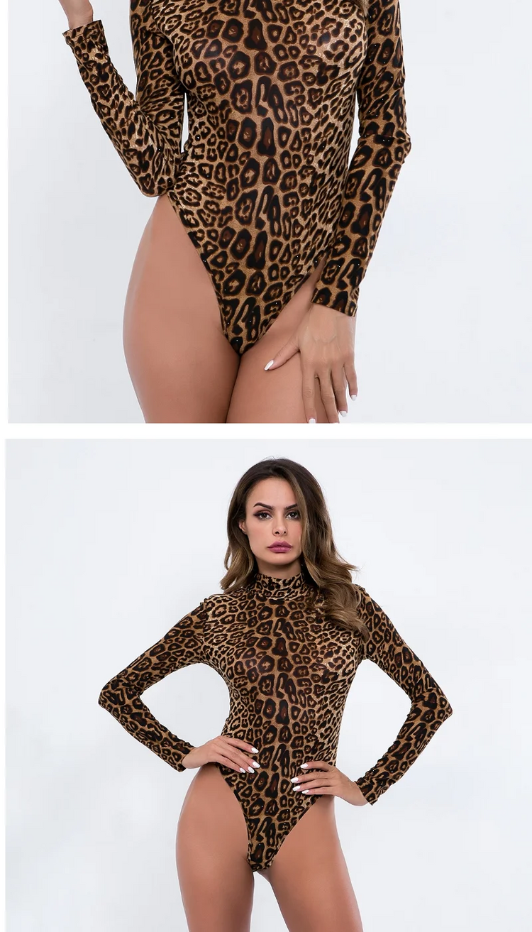 Slimming High Neck Long Sleeve Jumpsuit Fashionable Leopard Print for Women Autumn New Style plus Size  Suit