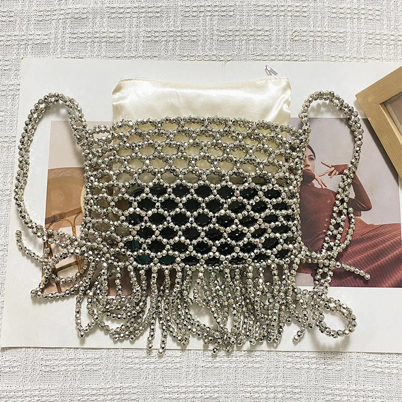 New European and American retro tassel handmade bead woven bag, niche, simple, versatile, single shoulder crossbody bag