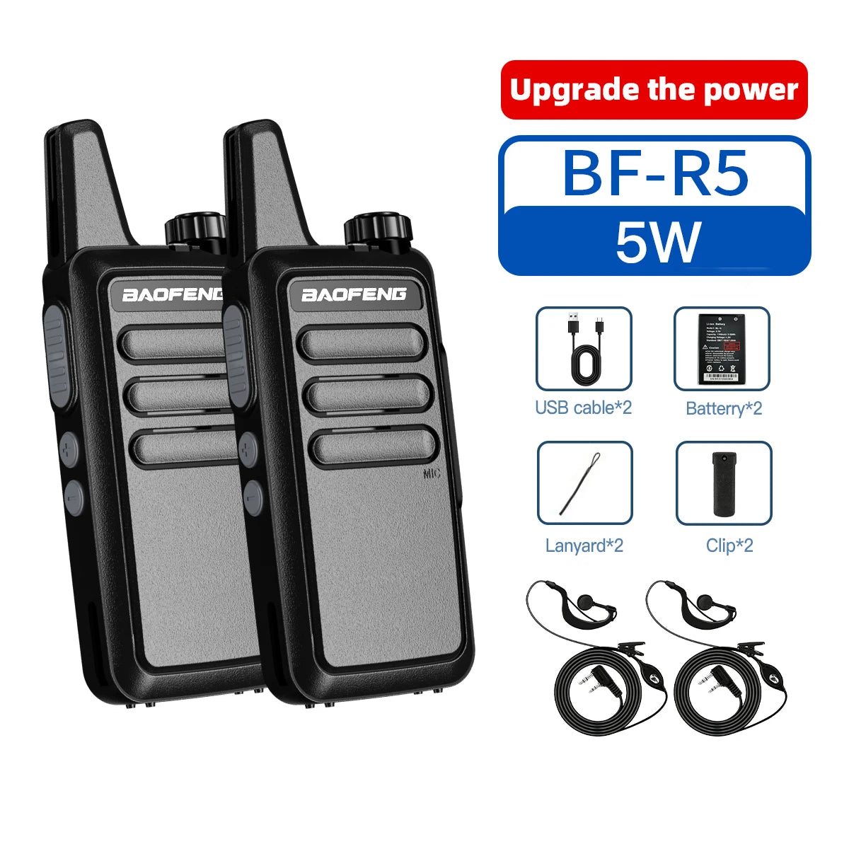 2Pcs Baofeng BF-5R Portable Handheld Walkie Talkie FM Radio VHF/UHF Dual Band 5W Transceiver for Construction Camping