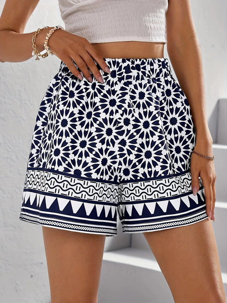 Women's Plus Size High Waist Geometric Print Elastic Waist Shorts Comfortable Casual Summer Shorts