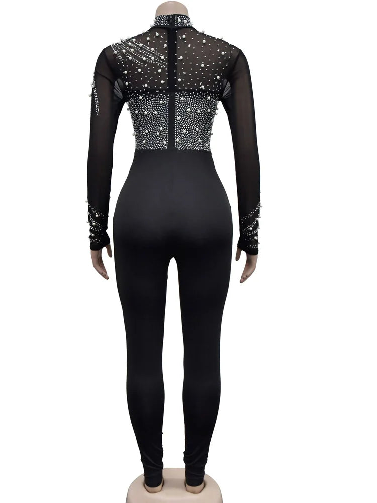 Beyprern Women's Sheer Mesh Crystal Jumpsuits One Piece Outfits Glam Fitted Long Sleeve Pearls Rhinestone Rompers Club Overalls
