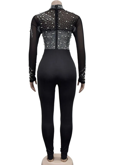 Beyprern Women's Sheer Mesh Crystal Jumpsuits One Piece Outfits Glam Fitted Long Sleeve Pearls Rhinestone Rompers Club Overalls