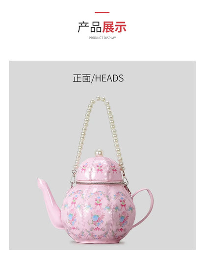 Creative Vintage Printed Teapot Design Women Handbags Pearls Chains Shoulder Bag Designer Luxury Crossbody Bag Small Buckets Bag