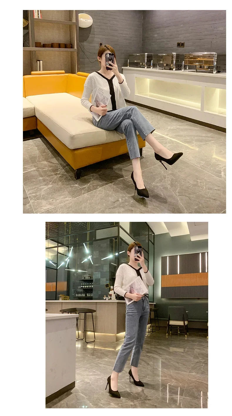 Spring and Autumn New Black High Heels Female Shallow Mouth Pointed Thin with Sexy Temperament Single Shoes Zapatos De Mujer