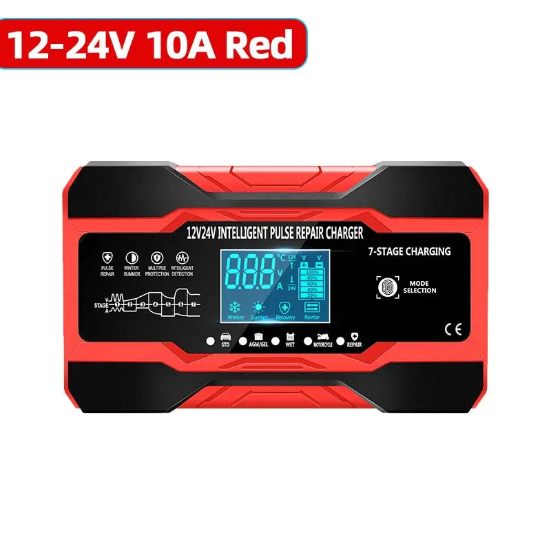 12V 24V Car Battery Charger 10A Smart 7-Stage Pulse Repair Fast Charger, AGM GEL WET Lead Acid Battery Maintainer