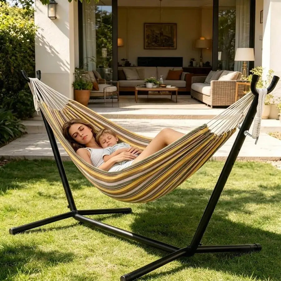 Camping 2-Person Hammock 600LBS, Portable Steel Stand Set For Outdoor Lawn Terrace, Blue & Black Stripe