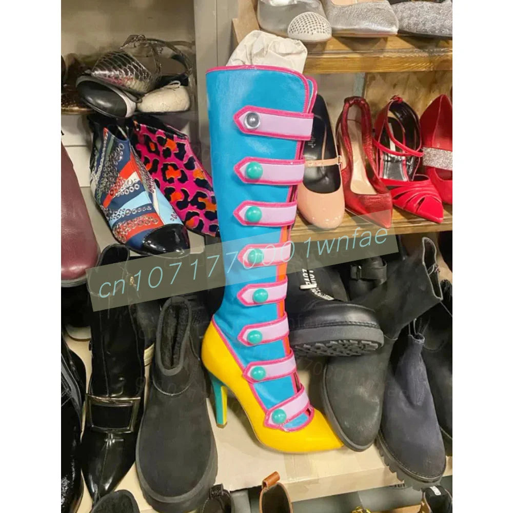 Women Color Block Knee High Boots Glossy Patent Leather Pointed Toe Stiletto Heels Multiple Strap Buckle Cosplay Fashion Shoes
