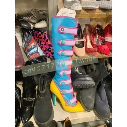 Women Color Block Knee High Boots Glossy Patent Leather Pointed Toe Stiletto Heels Multiple Strap Buckle Cosplay Fashion Shoes