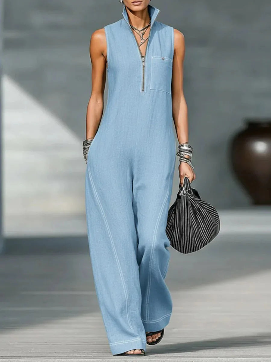Women's 2026 New Mandarin Collar Sleeveless Jumpsuit – Linen Cotton Loose Fit Romper  Casual Wide Leg One Piece