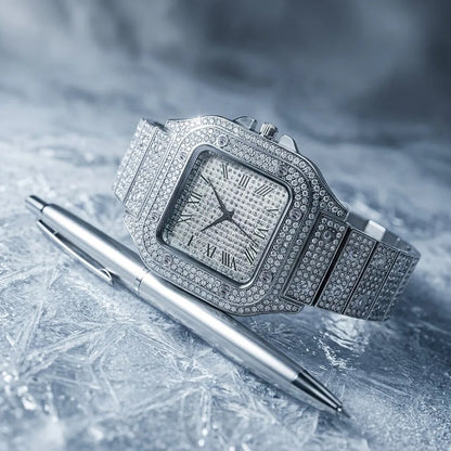 Square diamond studded men's watch fashionable and exquisite starry sky steel strip watch for men