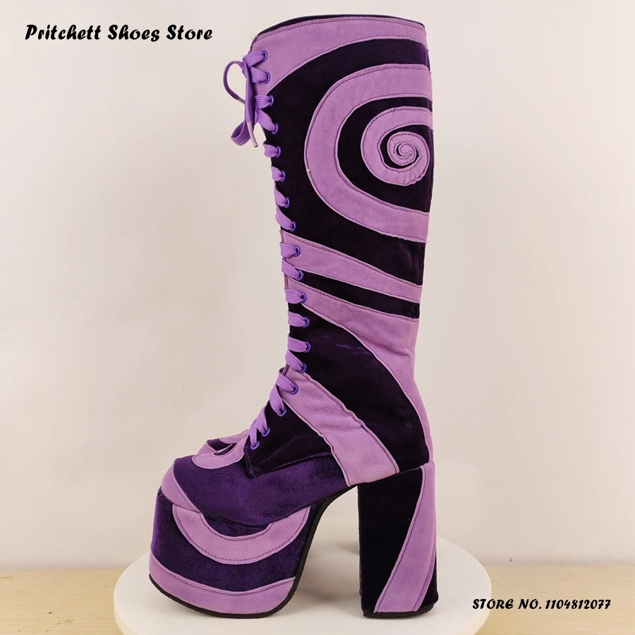 Patchwork Geometric Platform Knee Boots 2025 Spring Autumn Women's Height Increasing Shoes Round Toe Chunky Heel Western Boots