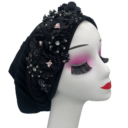 Elegant Flower Diamonds Women's Turban Cap African Party Headwear Hat Lady Head Wraps Muslim Headscarf Hats Turbante Mujer