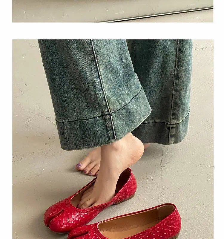 French Retro Split Toe Ballet Flats Women Red Woven Detail Tabi Slip On Shoe Woman Faux Leather Moccasin Daily Work Office Flats
