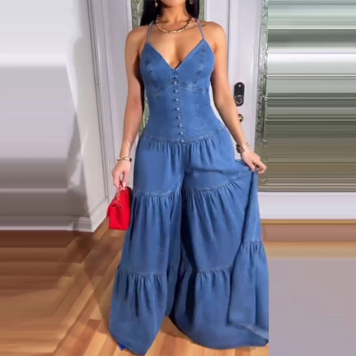 Elegant Jumpsuits for Women 2025 Spring New Plain Elegant Office Lady Loose Ruched Cold Shoulder Hem Wide Leg Jumpsuit Dungarees