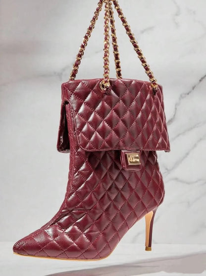 PU Leather Pointed Toe Metal Chain Mid-Calf Women Boots Stiletto High Heels Slip On Design Large Size Fashion Lady Shoes