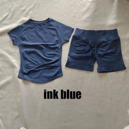 2-piece set DF L0G0 seamless sports and fitness suit short sleeves, impact yoga fitness running shorts sports set