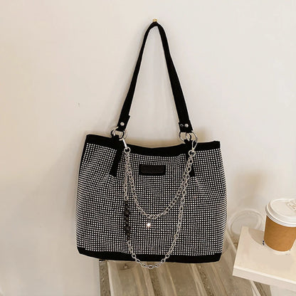 2024 Fashion Women Bling Diamonds Handbag Large Capacity PU Leather Big Totes Designer Female Chain Shoulder Bags Shopping Bags