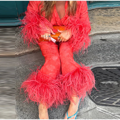 Jacquard Satin Fringe Three Piece Set Kimono Long Open Coat Wrap V Neck Top Fringe Trousers 2026 Summer Resort Lady Elegant Suit