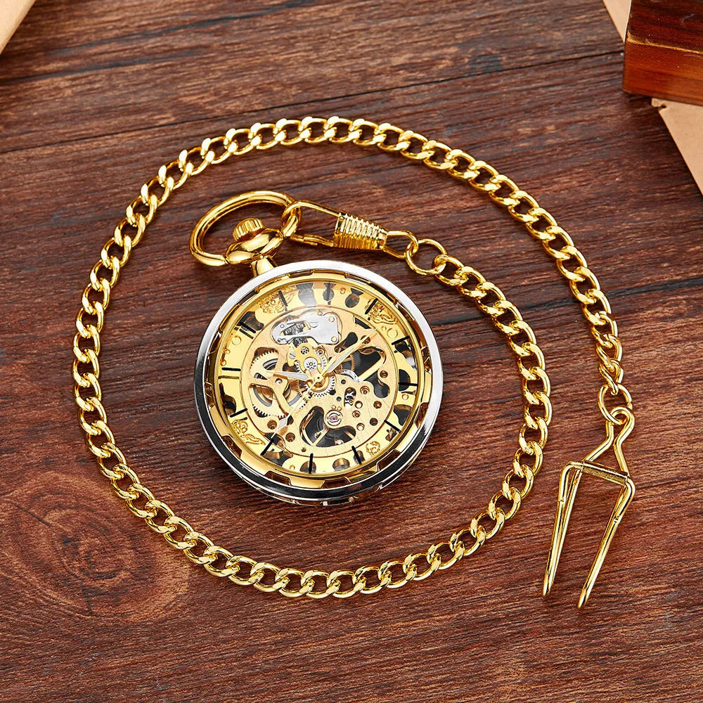Vintage Transparent Hollow Women Men Skeleton Mechanical Pocket Watch Hand Winding With Waist Belts Chains Gift Watches Clock