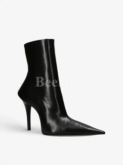 Black Leather Pointed Toe Ankle Boots Woman High Heels Stiletto Side Shaped Zipper Knee-High Boots Lady Sexy Boots