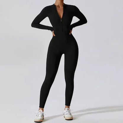 2025 Spring Women's One-piece Yoga Jumpsuit Sporty Long-sleeved Thin Ski Overalls Outerwear Cycling Bodysuit Zipper Ladies