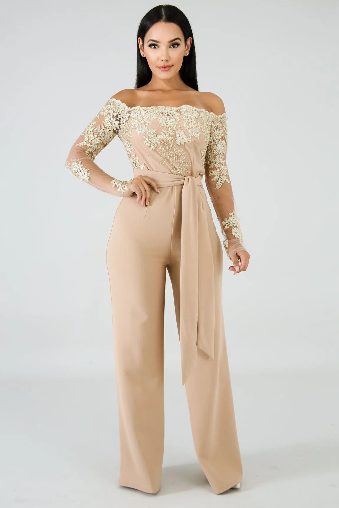 Womens Elegant Off Shoulder Long Pants Wide Leg Jumpsuits Floral Embroidery Lace See Through Cocktail Club Party Evening Rompers