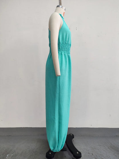 Summer Sexy Halter Sleeveless Pleated Jumpsuit Women Fashion Solid Elastic Waisted Wide Leg Jumpsuit Casual Loose Rompers Street