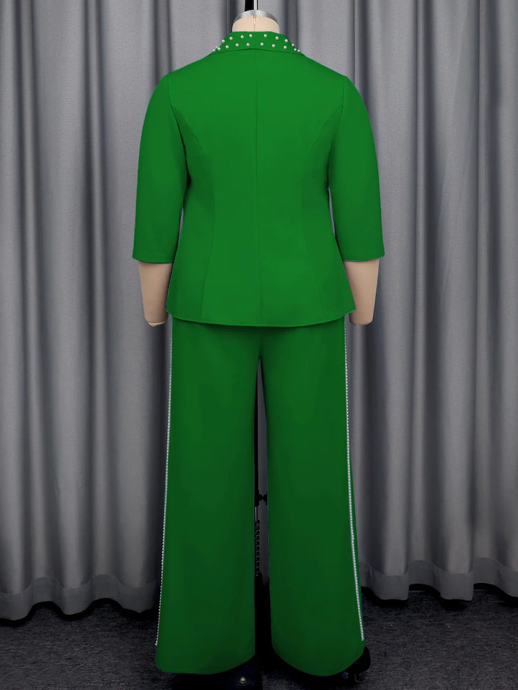 Plus Size Women's Green Beaded Blazer Suit Three-quarter Sleeve Top + Wide-leg Pants Elegant Two-piece Set Casual Y2K Two Piece