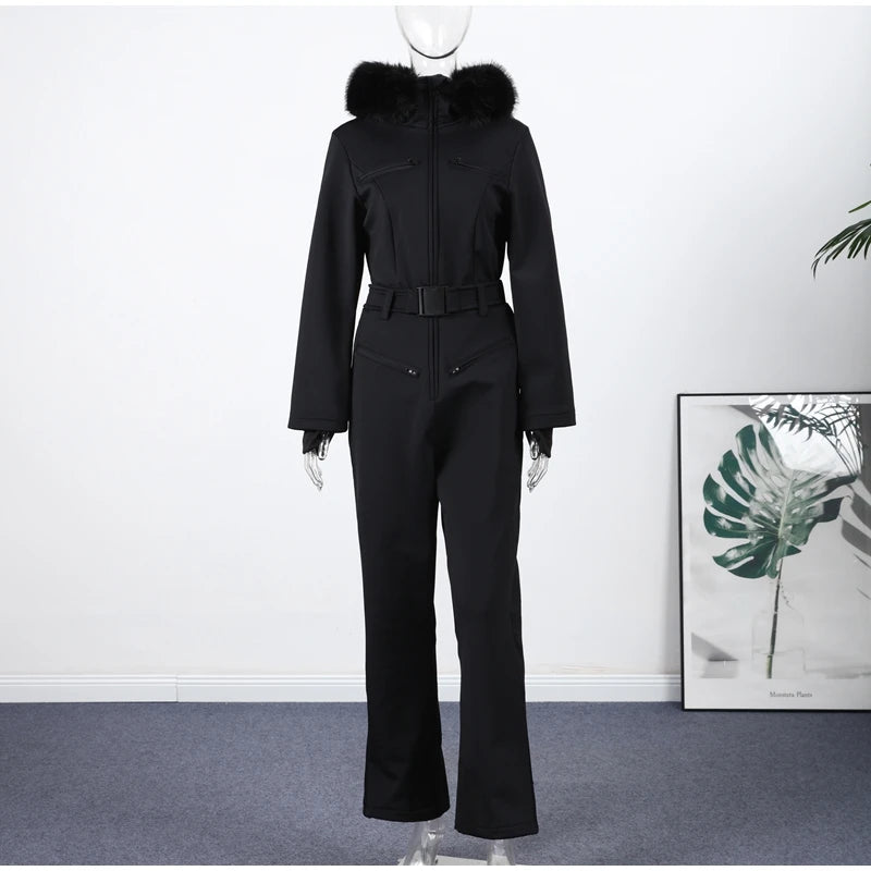 Fashion Pink Faux Fur Patchwork Hood Ski Jumpsuit Women Stand Collar Zipper Slim Pocket One Piece Suit 2026 Winter Lady Skiwears