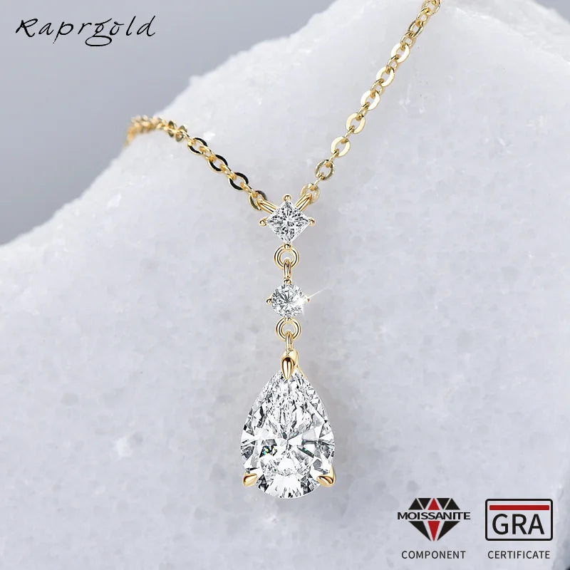 RAPRGOLD 2CT Moissanite Waterdrop Pendant Necklaces 925 Sterling Silver Necklace Chain for Women Girl Wedding Fine Jewelry Gift