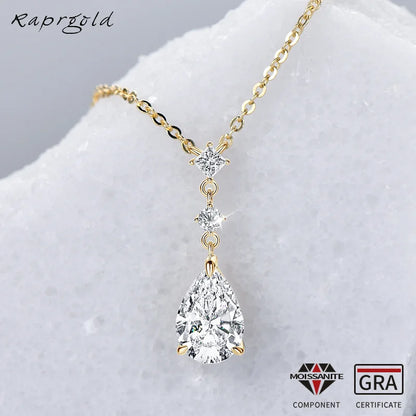 RAPRGOLD 2CT Moissanite Waterdrop Pendant Necklaces 925 Sterling Silver Necklace Chain for Women Girl Wedding Fine Jewelry Gift
