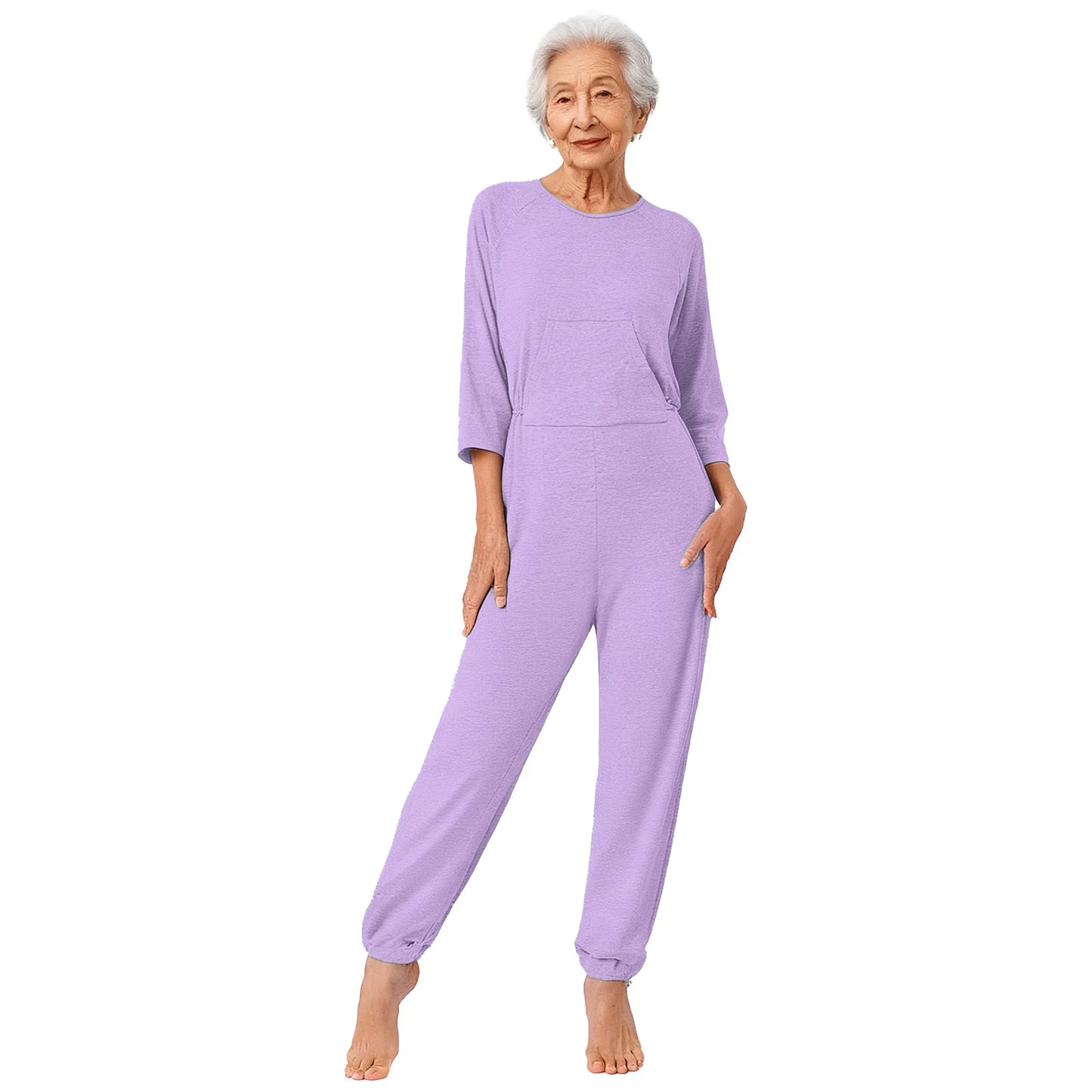 Women's Elderly Anti-Strip Adaptive Jumpsuit Back Legs Zip Long Sleeve Long Pants Nursing Rompers for Special Needs Disabilities