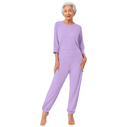 Women's Elderly Anti-Strip Adaptive Jumpsuit Back Legs Zip Long Sleeve Long Pants Nursing Rompers for Special Needs Disabilities