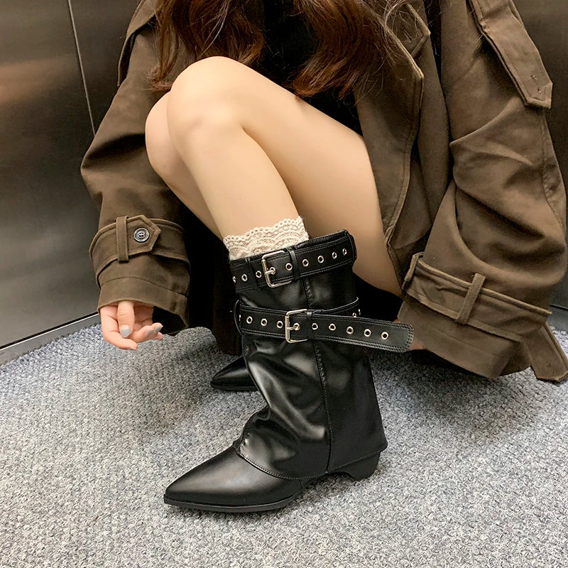 2025 Pointed Toe Women's Winter Boots Designer Mid Heels Elegant Shoes Pumps Fashion Boots New Trend Dress Gothic Ladies Boots