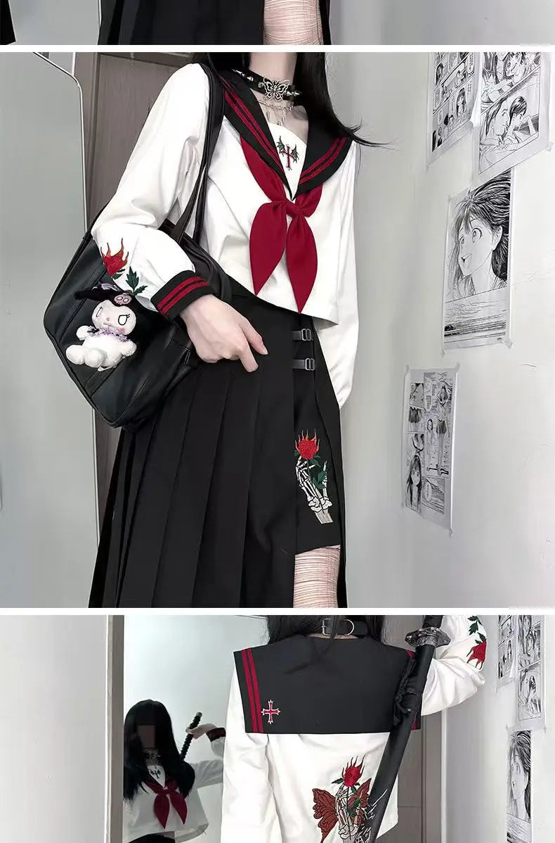 Dark Japanese Bad JK Uniform Long-sleeved Girl Orthodox Sailor Suit Role Play Handsome Long Skirt School Uniform Embroidery