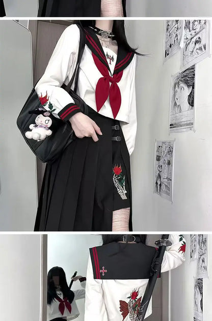 Dark Japanese Bad JK Uniform Long-sleeved Girl Orthodox Sailor Suit Role Play Handsome Long Skirt School Uniform Embroidery