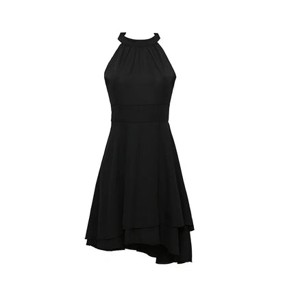 Women Elegant Dress Summer Solid High Waist Halter Sleeveless Midi Dresses Ladies Cropped Layered Chiffon Party Slim Dresses