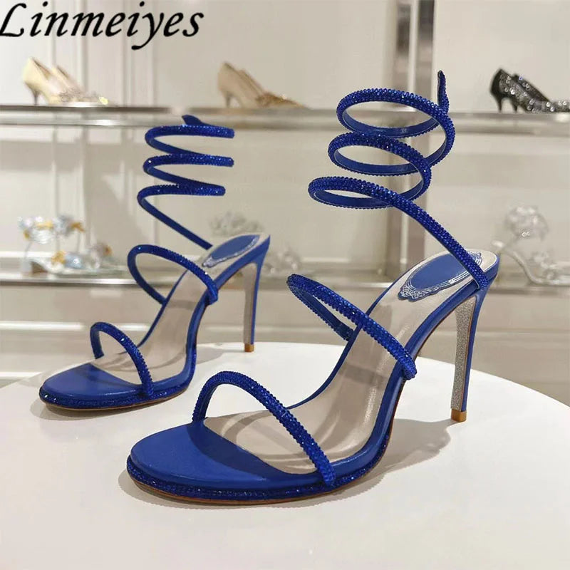 Summer Crystal Gladiator Sandals Women Rhinestone Twine Around Ankle Snake Wedding Shoes High Heels Sandals Woman