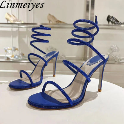 Summer Crystal Gladiator Sandals Women Rhinestone Twine Around Ankle Snake Wedding Shoes High Heels Sandals Woman