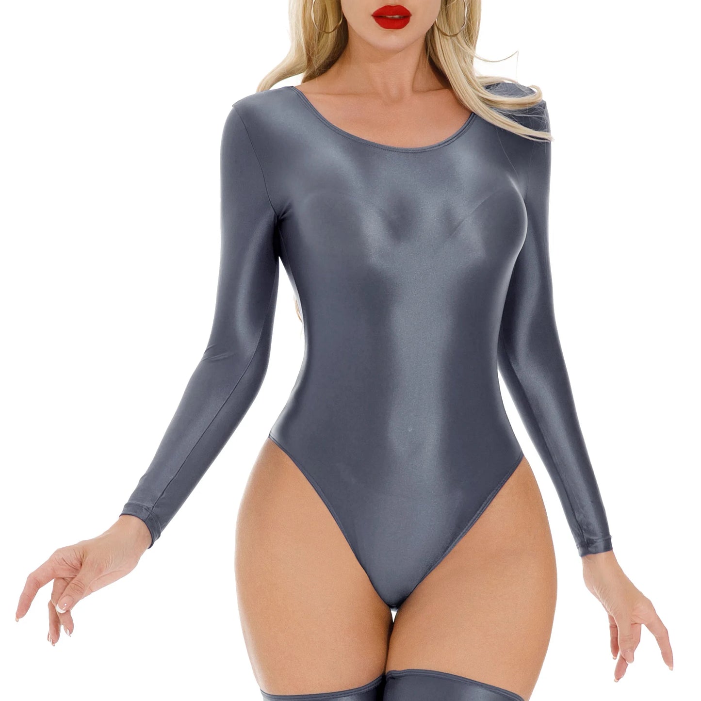 Women's Swimsuit One Piece Swimwear Oil Glossy Stretchy Gym Fitness Long Sleeve Round Neck Tights Leotard Bodysuit Clubwear