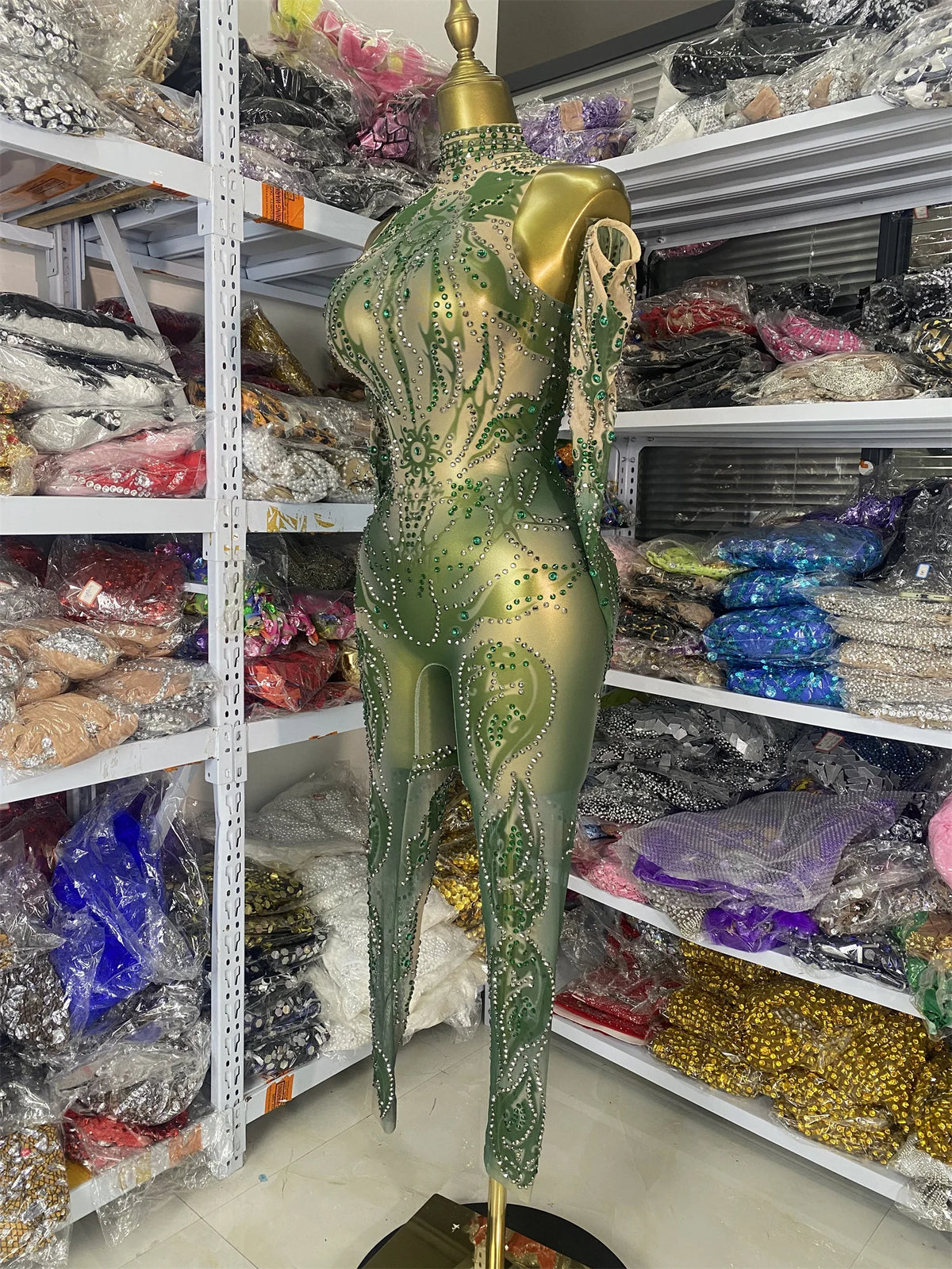 Sparkly Rhinestones Printed Mesh Bodycon Green Jumpsuits With Sleeves See Through Masquerade Costume Dress Night Club DJ Gogo
