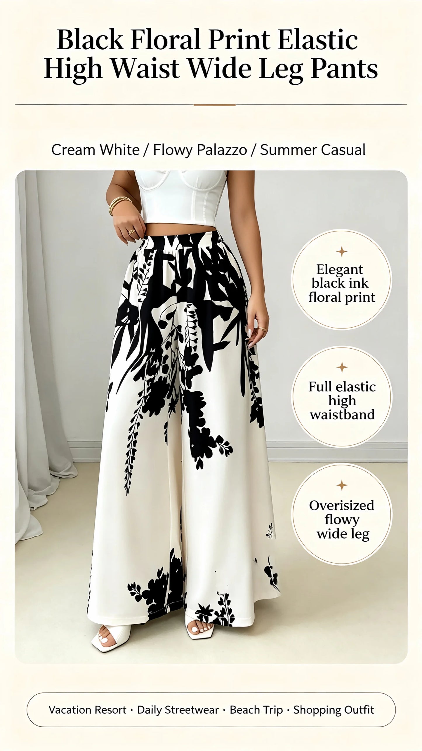Women Black Ink Floral Print Wide Leg Pants Elastic High Waist Silky Satin Palazzo Trousers Summer Vacation Casual Loose Long Pants Beach Bottoms Vestidos