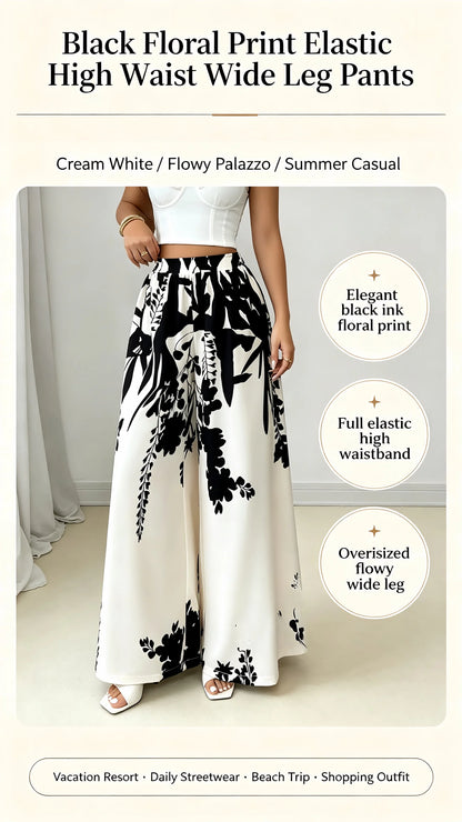 Women Black Ink Floral Print Wide Leg Pants Elastic High Waist Silky Satin Palazzo Trousers Summer Vacation Casual Loose Long Pants Beach Bottoms Vestidos
